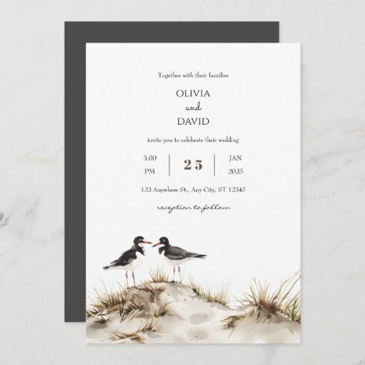 ミニマルビーチサンドデュネスオイスターキャッチャー結婚ズ 招待状 (正面/裏面)