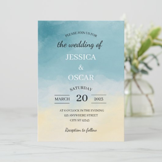 ミニマルビーチテーマ結婚式招待状 招待状 (スタンド正面)