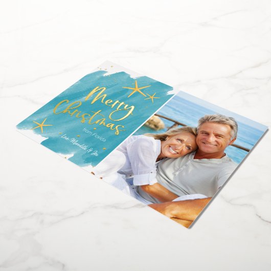 ミニマルビーチ水の色メリークリスマス 箔シーズンカード (回転した状態)