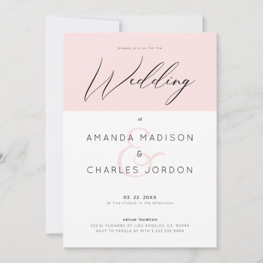 ミニマルピンクと白と結婚のタイポグラフィ 招待状 (正面)