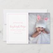 ミニマルピンクギンガムチェック柄 フォト出生 案内状 (正面)