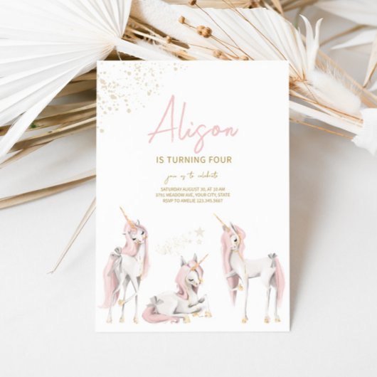 ミニマルピンクユニコーンバースデー招待状 招待状