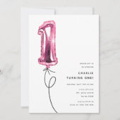 ミニマルピンクワンバルーン1歳の誕生日パーティー 招待状 (正面)