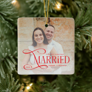 ミニマルファーストクリスマス 結婚カップル 2枚の写真 セラミックオーナメント