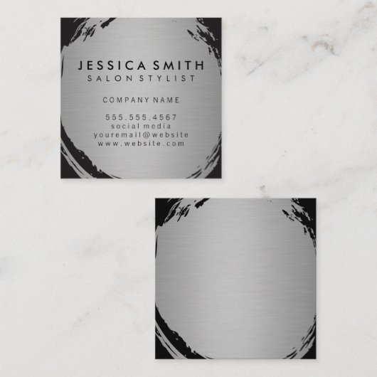 ミニマルフェイクスメタリックシルバーブラシ スクエア名刺 (正面/裏面)