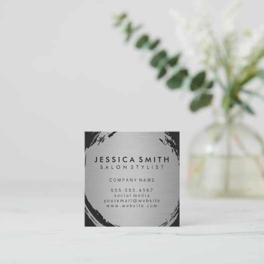 ミニマルフェイクスメタリックシルバーブラシ スクエア名刺 (スタンド正面)