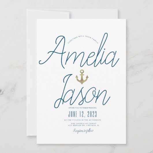 ミニマルフェイクリストブルー航海のフォイル結婚ス 招待状 (正面)