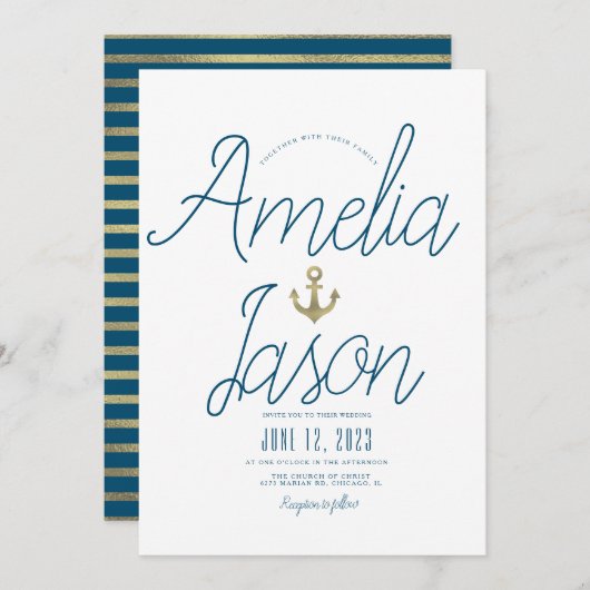 ミニマルフェイクリストブルー航海のフォイル結婚ス 招待状 (正面/裏面)