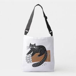ミニマルフォークアートブラックキャット片手に座る クロスボディバッグ