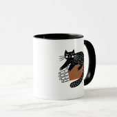 ミニマルフォークアートブラックキャット片手に座る マグカップ (正面右)