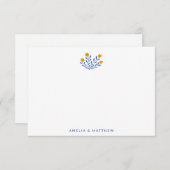 ミニマルフォーク花ブルー結婚イエローの名前 サンキューカード (正面/裏面)