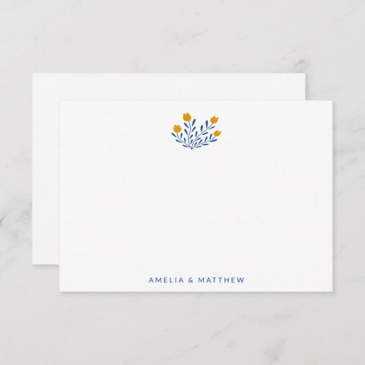 ミニマルフォーク花ブルー結婚イエローの名前 サンキューカード (正面/裏面)