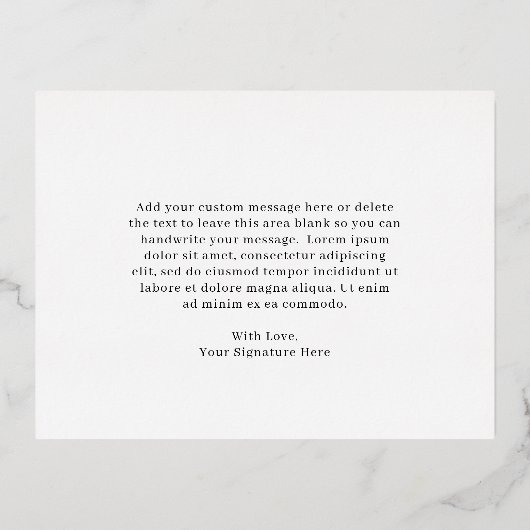 ミニマルフォーマルクラシック結婚サンキューカード 箔招待状ポストカード (裏面)