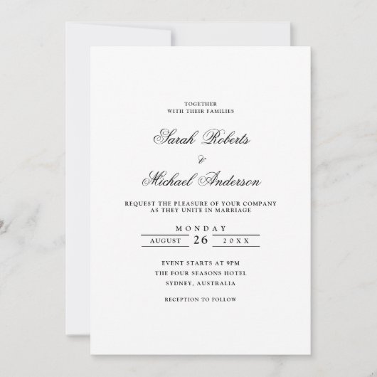 ミニマルフォーマルリストロマンチック結婚ブラックスクリプト 招待状 (正面)