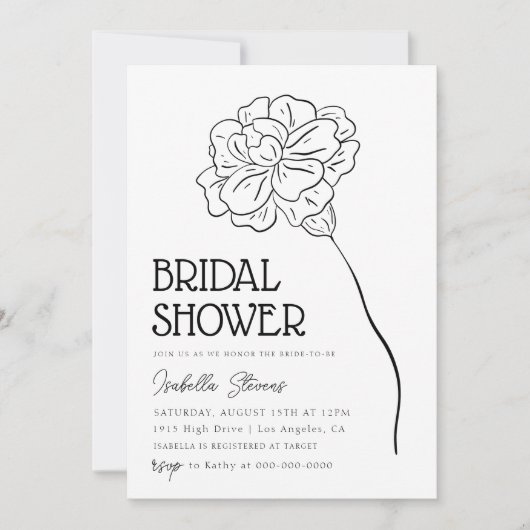 ミニマルフラワーラインアートの結婚前お茶会 招待状 (正面)