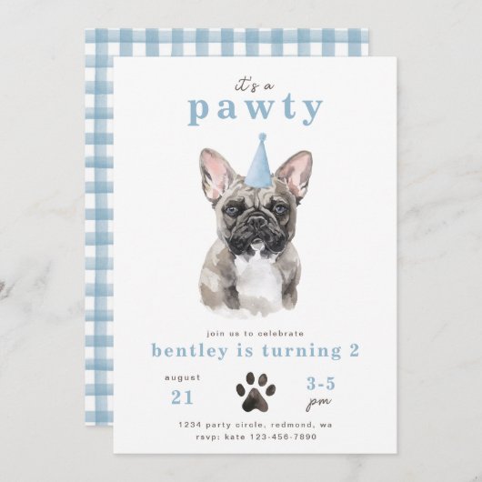 ミニマルフレンチブルドッグ招待状 | Pawty 招待状 (正面/裏面)