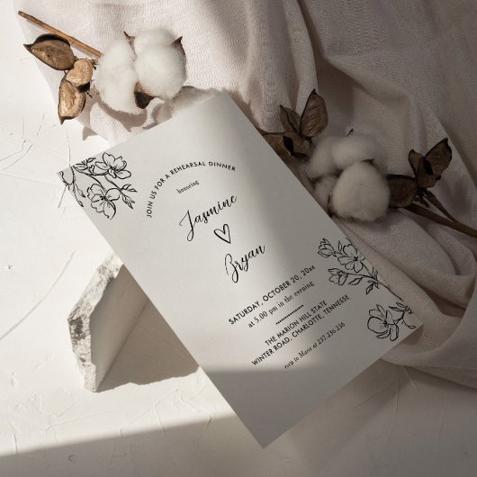 ミニマルフローラかわいいハートリハーサルディナー 招待状