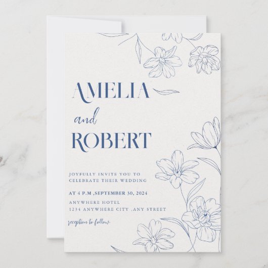 ミニマルフローラとボタニカルブルー結婚ズ 招待状 (正面)