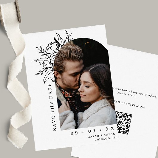 ミニマルフローラアーチフォトブラック&ホワイト結婚ズ セーブザデート