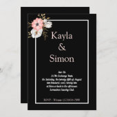 ミニマルフローラウォーターカラー結婚ブラック 招待状 (正面/裏面)