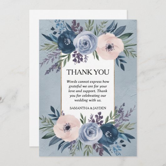 ミニマルフローラダスティー結婚ブルー サンキューカード (正面/裏面)