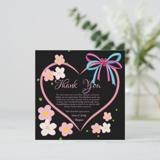 ミニマルフローラピンク&ブラック結婚ズ記念日 サンキューカード (スタンド正面)