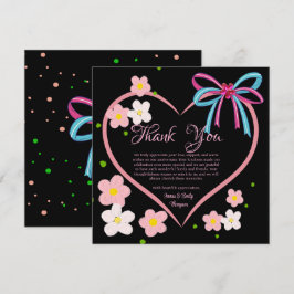 ミニマルフローラピンク&ブラック結婚ズ記念日 サンキューカード