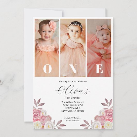 ミニマルフローラフォトファースト誕生日招待状 招待状 (正面)