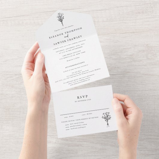 ミニマルフローラブーケラインア結婚ート オールインワン招待状 (貼ってはがせる)