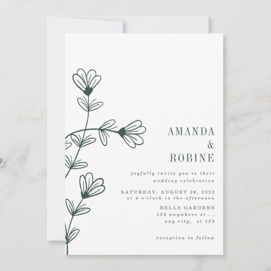 ミニマルフローララインアート結婚式招待状 招待状 (正面)