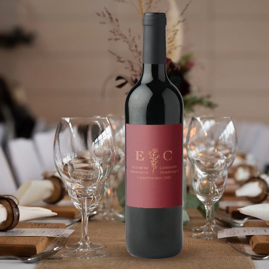 ミニマルフローラレッド&金ゴールドモノグラムのズ結婚 ワインラベル