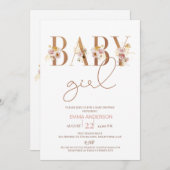 ミニマルフローラワード赤ちゃん女の子ベビーシャワー 招待状 (正面/裏面)