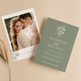 ミニマルフローラSage Greenモダンの結婚写真 招待状