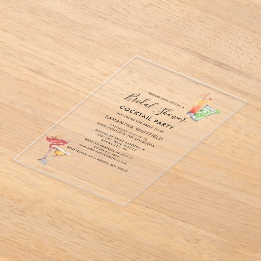 ミニマルブライダルシャワーカクテルパーティー アクリル招待状 (レイダウン)