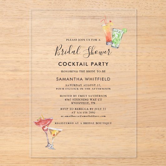ミニマルブライダルシャワーカクテルパーティー アクリル招待状 (正面)