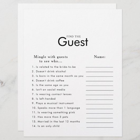 ミニマルブライダルシャワーゲストゲームを検索 (正面/裏面)