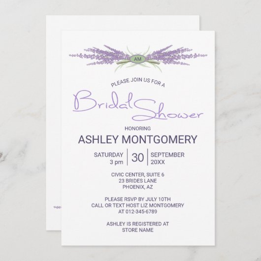 ミニマルブライダルシャワーラベンダーフラワーバンドル 招待状 (正面/裏面)
