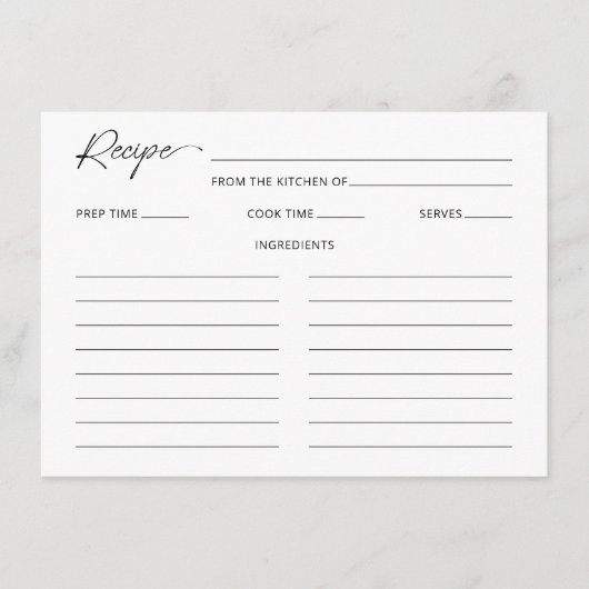 ミニマルブライダルシャワーレシピカード エンクロージャーカード (正面)