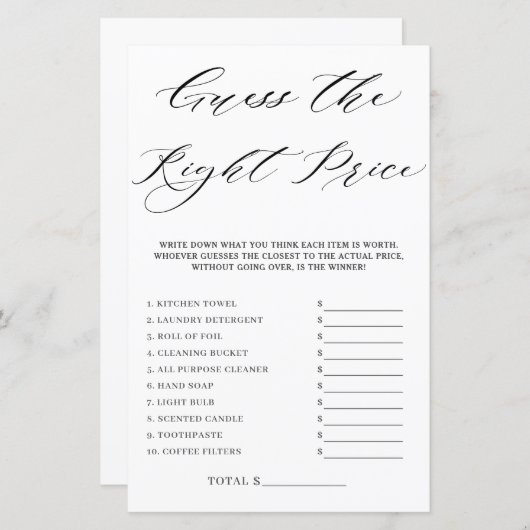 ミニマルブライダルシャワー推測適正価格ゲーム (正面/裏面)