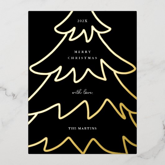 ミニマルブラックゴールドのクリスマスツリー 箔シーズンポストカード (正面)