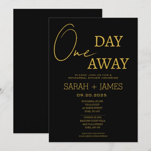 ミニマルブラックゴールドワンデイウェイリハーサルディナー 招待状 (正面/裏面)