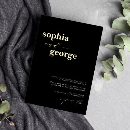 ミニマルブラック&ゴールド結婚フォイル 箔招待状