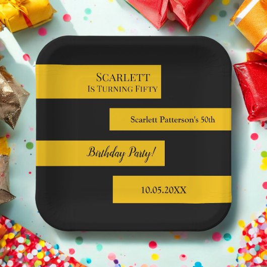 ミニマルブラック&金ゴールドシエレガントック50th誕生日 ペーパープレート