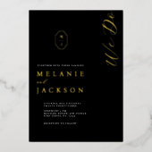 ミニマルブラック&金ゴールドモノグラパーソナライズされたムクレスト 箔招待状 (正面)