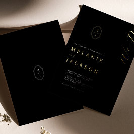 ミニマルブラック&金ゴールドモノグラパーソナライズされたムクレスト 箔招待状