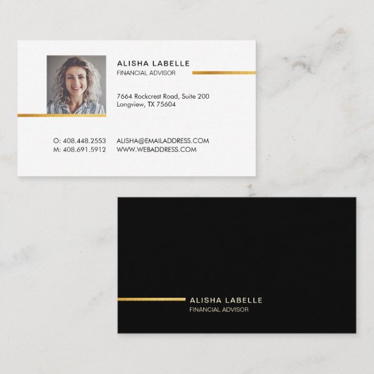 ミニマルプロフェッショナルブラックと金ゴールドフォトのレイアウト 名刺 (正面/裏面)