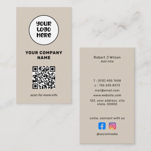 ミニマルプロフェッショナルロゴQRコードソーシャルメディア 名刺 (正面/裏面)