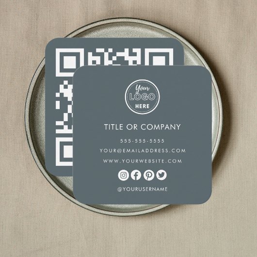 ミニマルプロフェッショナルロゴQrコードネイビー スクエア名刺