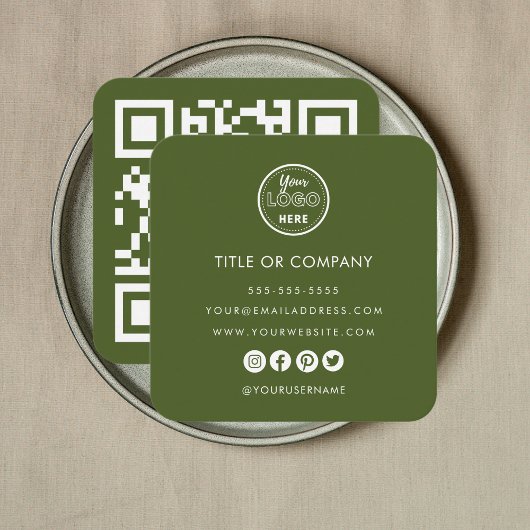 ミニマルプロフェッショナルロゴQrコードモスグリーン スクエア名刺