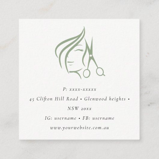 ミニマルヘアスタイリスト薄暗い苔の緑の髪のハサミ スクエア名刺 (裏面)